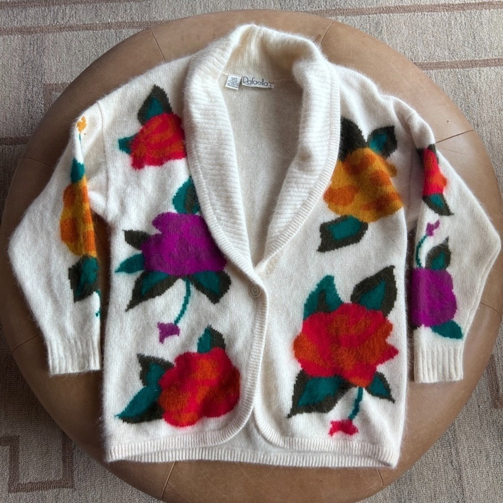 Vintage Rafaella Angora Floral Shawl Neck Cardigan Women L Art To Wear Sweater